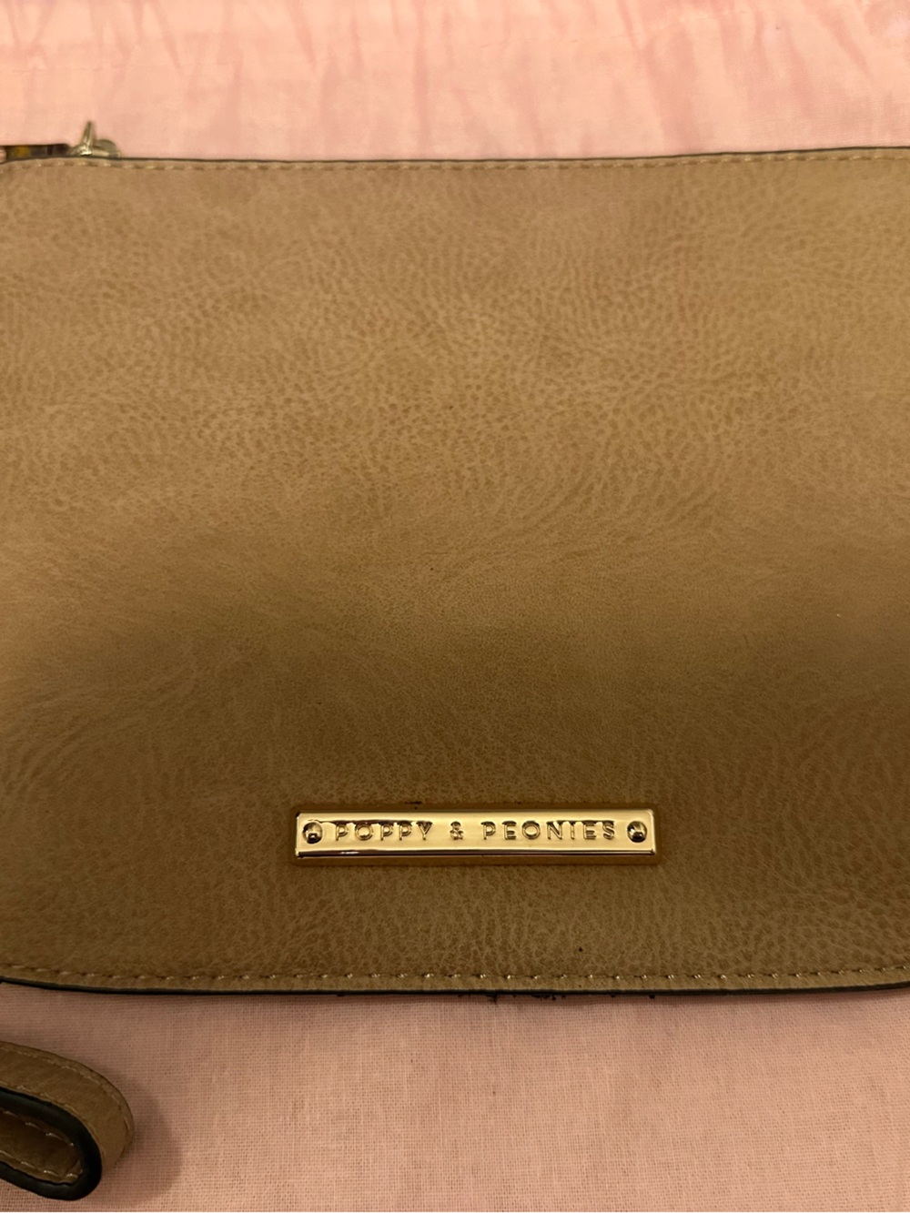 Poppy & Peonies Tan Wristlet Clutch with Gold Accent